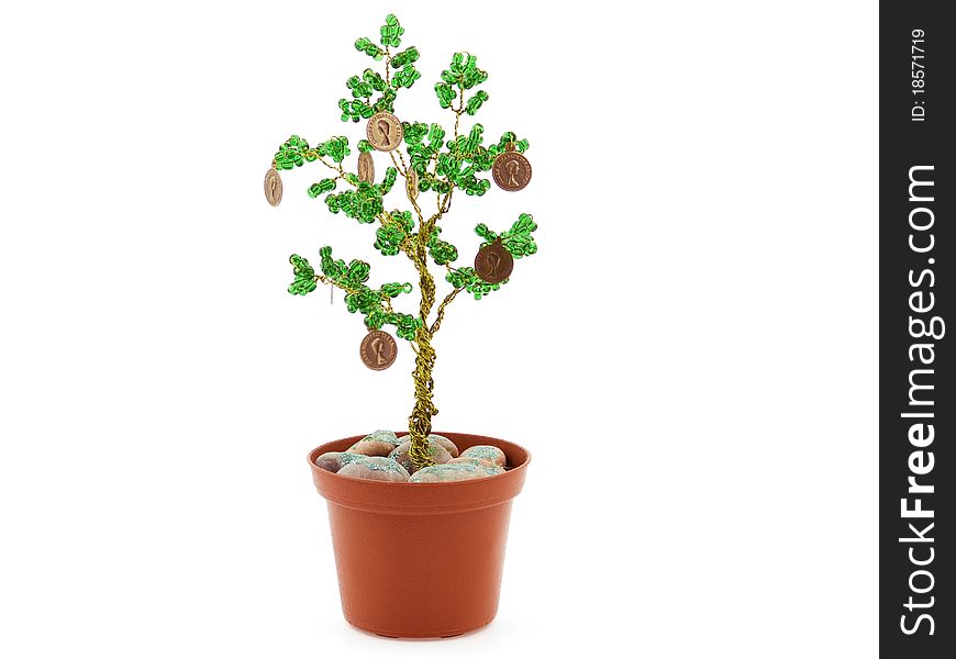 A coin tree made of beads on the white background