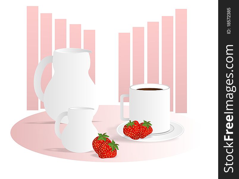 White coffee cup, coffee pot, milk pot and strawberries, pink background, vector format. White coffee cup, coffee pot, milk pot and strawberries, pink background, vector format