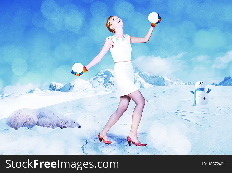 Art collage. beauty young woman in snow, winter