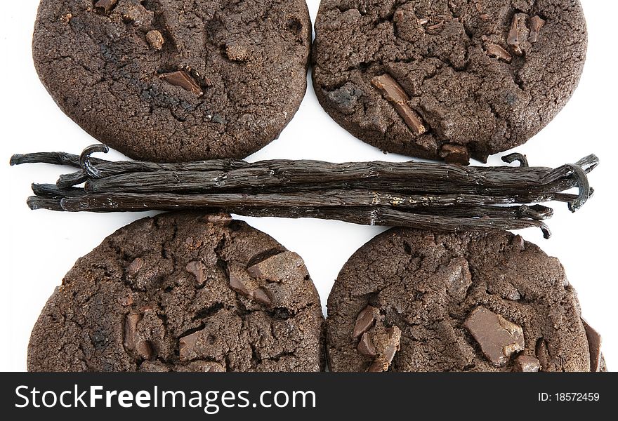 Chocolate cookies with vanilla on the white