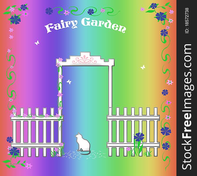 Rainbow fairy garden trellis and fence illustration