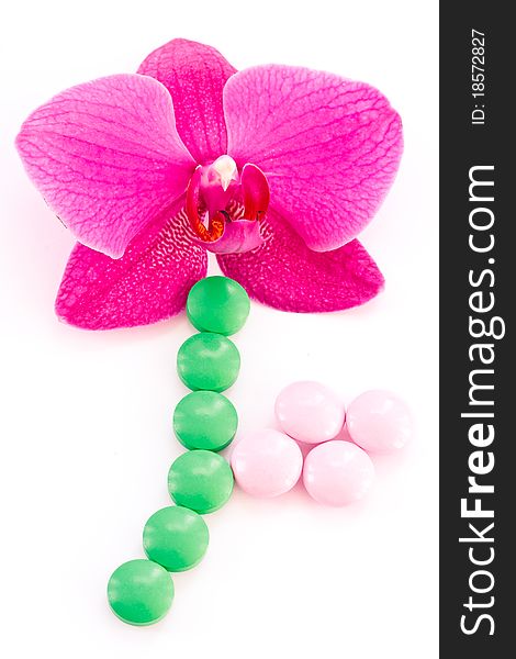 Colored tablet close to the background of a beautiful orchid. Colored tablet close to the background of a beautiful orchid