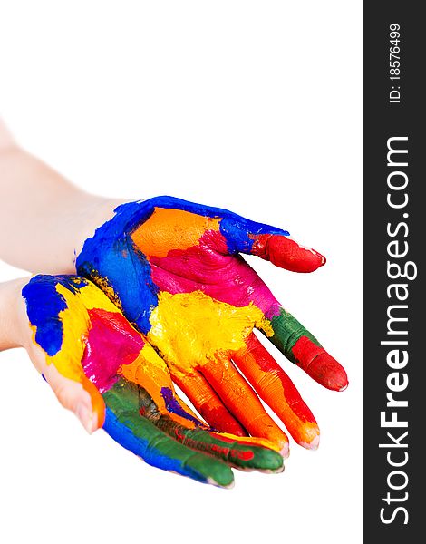 Painted hands on a white background
