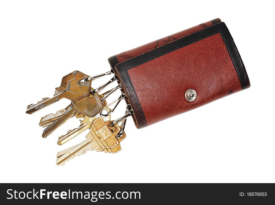 Leather Key Pouch With Keys Isolated On White Background