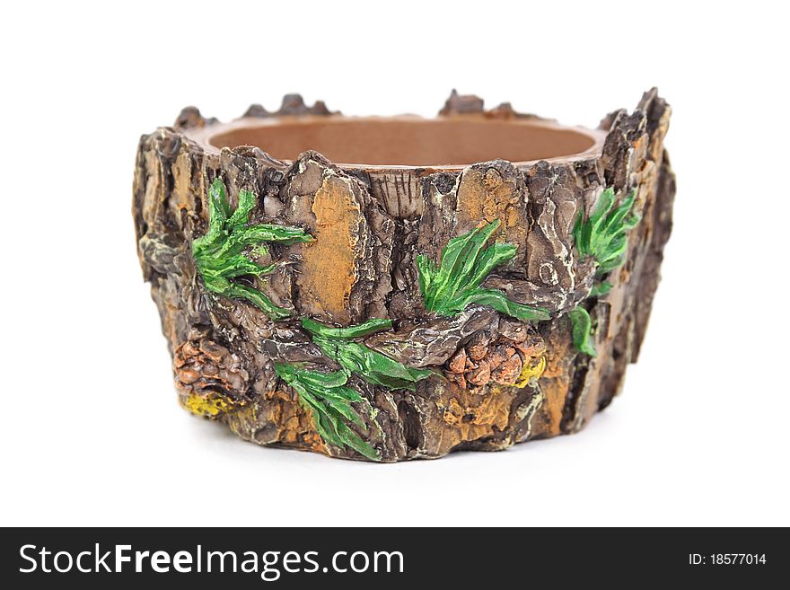 Brown flowerpot, shape like conifer with pines, isolated