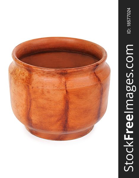 Big clay brown flowerpot with wood texture, view from above, isolated