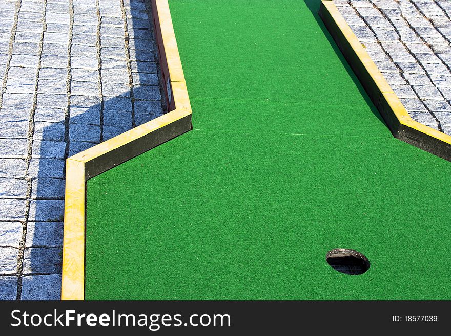 Mini golf ready to play. Outdoors scene. Mini golf ready to play. Outdoors scene