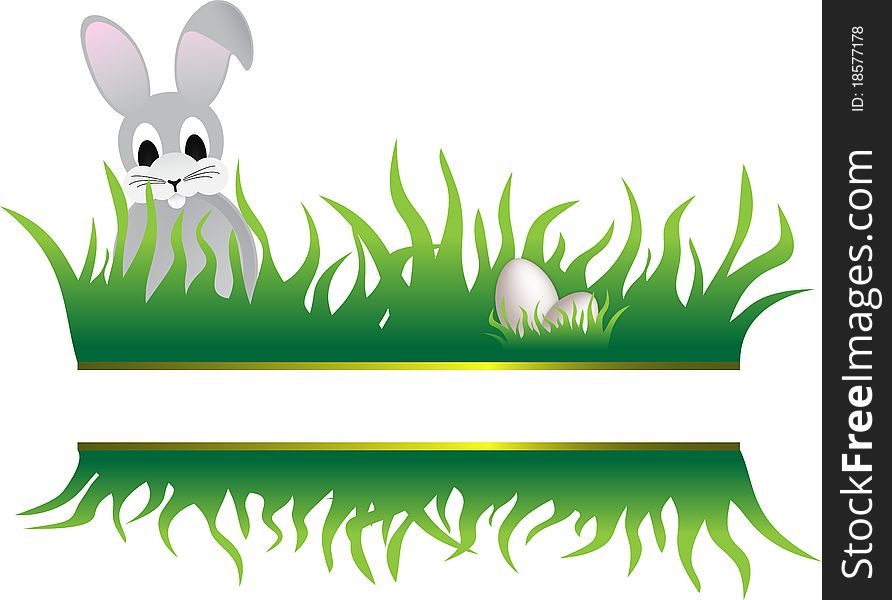 Copy space and grass easter eggs and rabbit. Copy space and grass easter eggs and rabbit