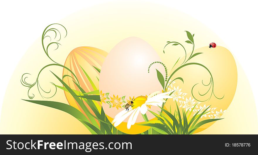 Easter eggs with chamomile and grass. Illustration