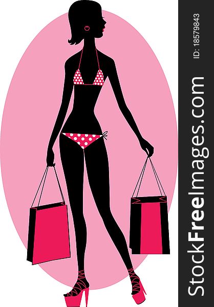 Illustration of girl in a bikini with shopping