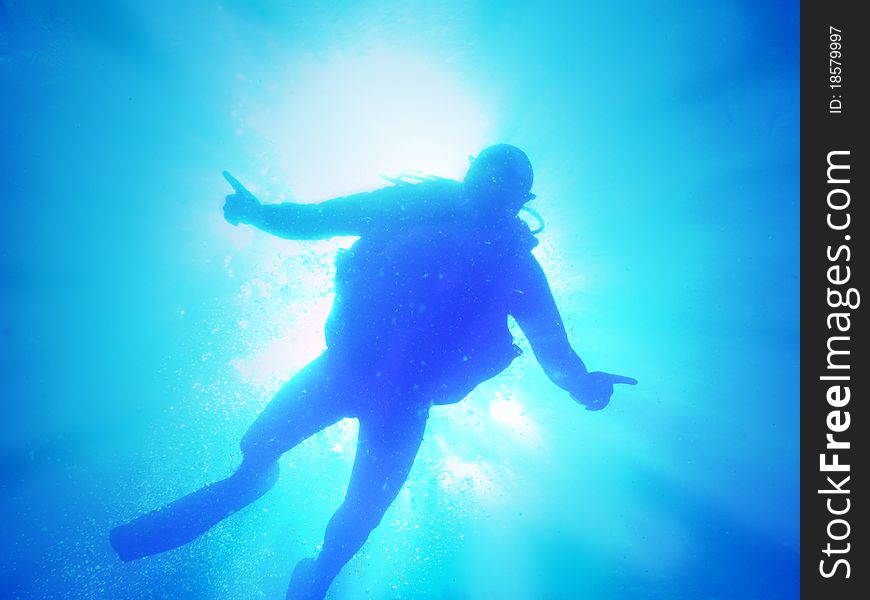 A scuba diver swims in sun light. A scuba diver swims in sun light