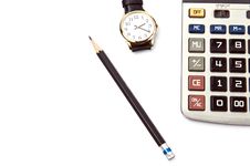 Pencil Calculator Watch On White Stock Photos Pencil Calculator Watch On White Stock Photos
