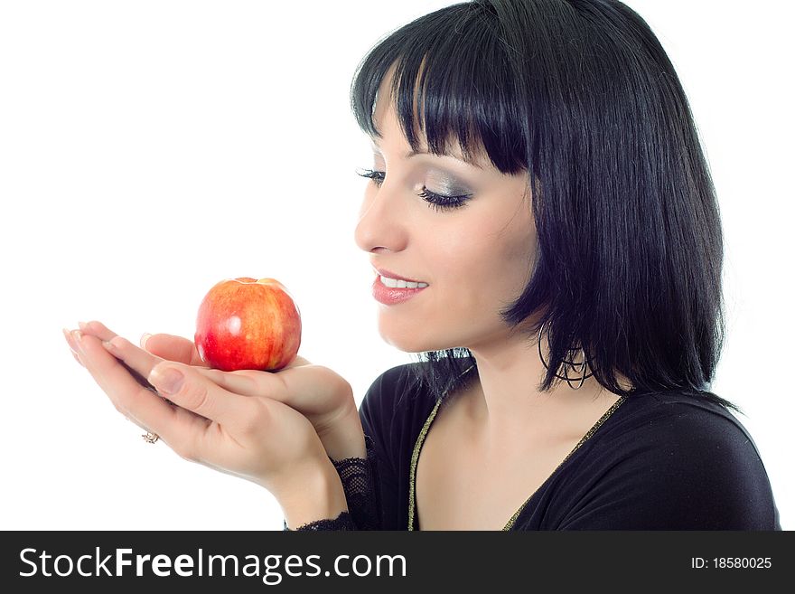 Woman with red apple on white backgrounf