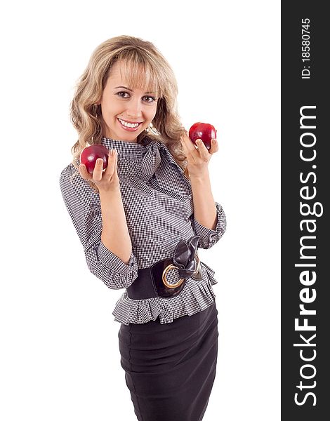 Beautiful girl holding apple on the white background