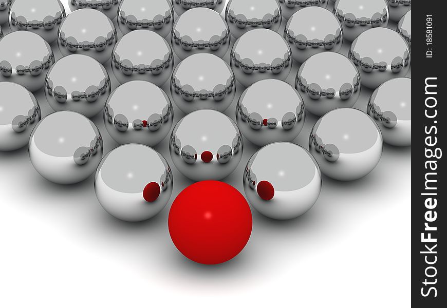 A red ball in front of a grid of shiny balls. A red ball in front of a grid of shiny balls