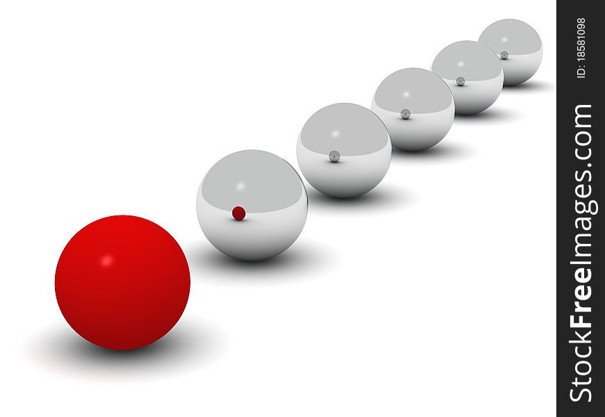 A red ball in front of a line of shiny balls. A red ball in front of a line of shiny balls