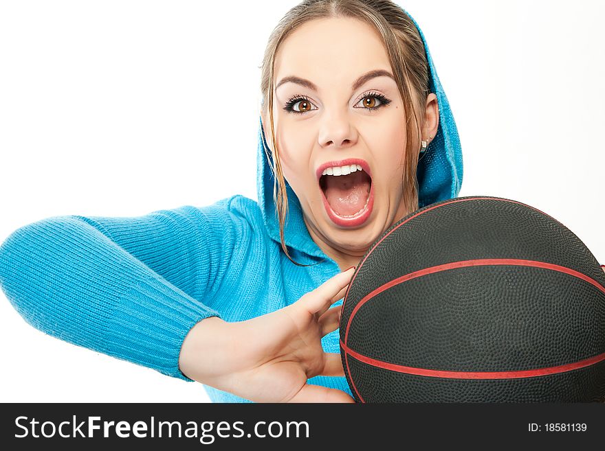 Young woman charging with basketball isolated on white. Young woman charging with basketball isolated on white