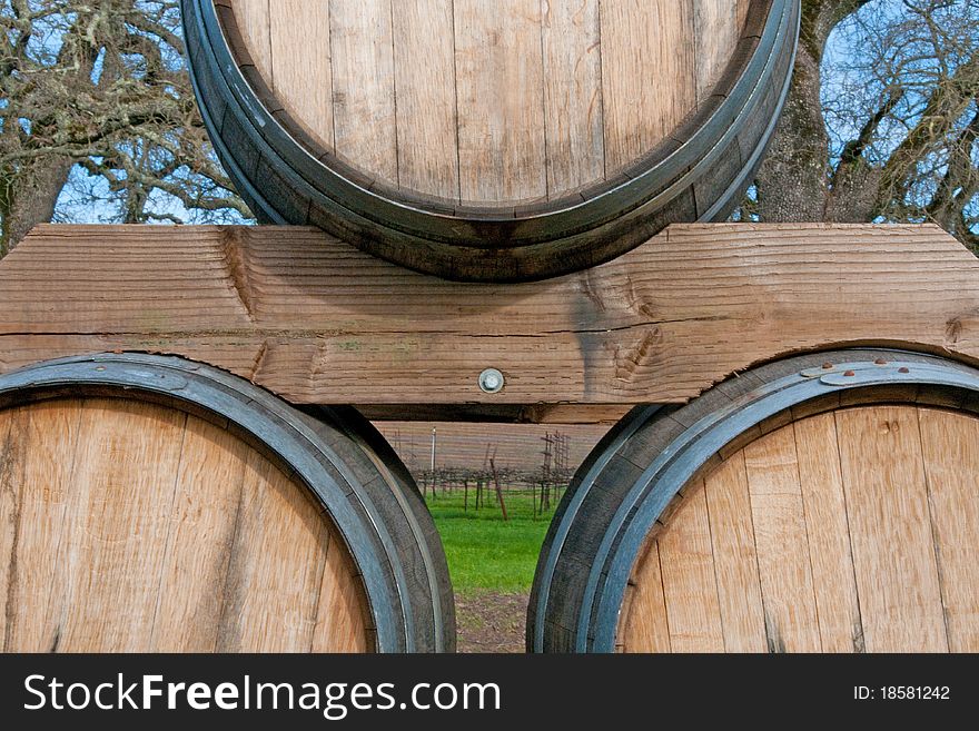 Wine Barrels with Vineyard in Background