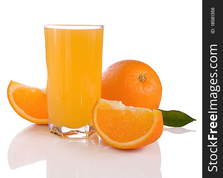 Juice and oranges isolated on white background