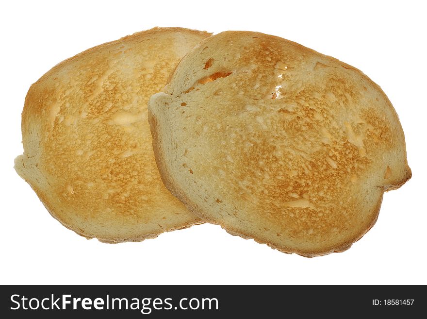 Two slices tosted white bread. Isolated on white background