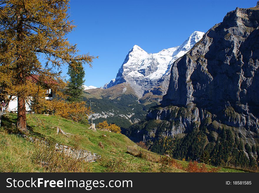 Walk in mountains, the Alpine landscape, autumn in Switzerland