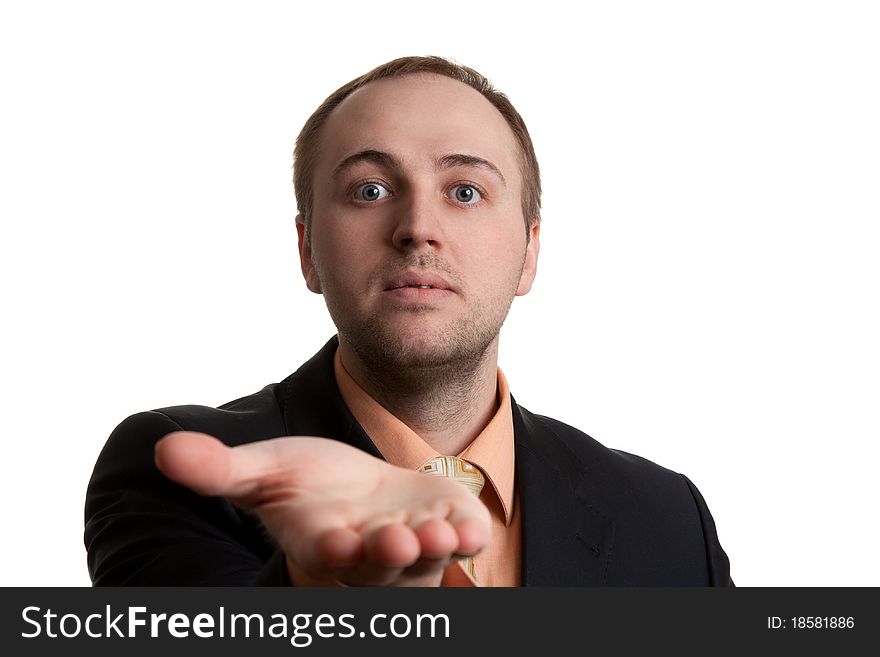 Unshaven businessman shows his hand on a white background