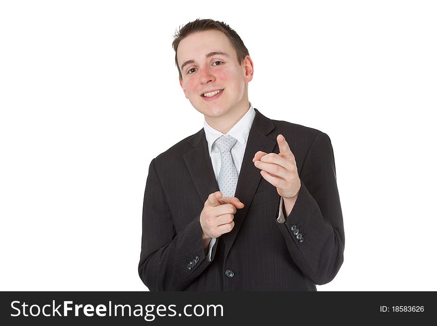 Young friendly businessman isolated on white background