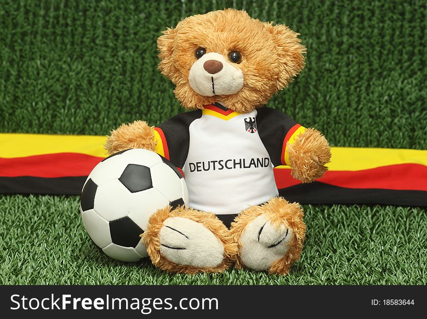 Teddy bear with football shirt on lawn background. Teddy bear with football shirt on lawn background