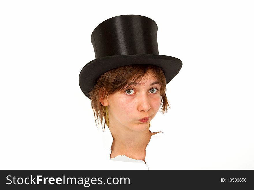 Young Woman is looking out of cutted paper.