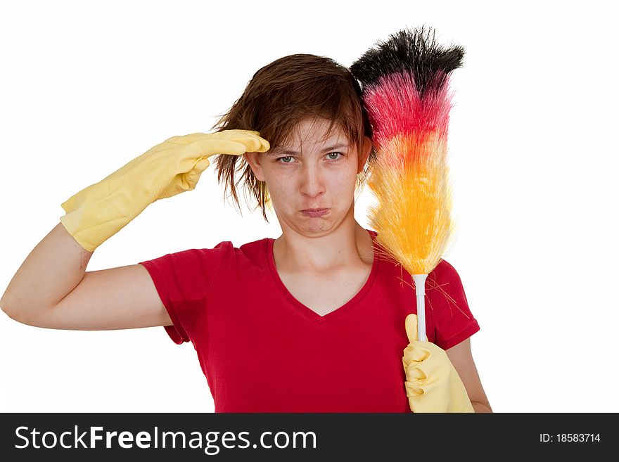 Young friendly woman with duster isolated on white background