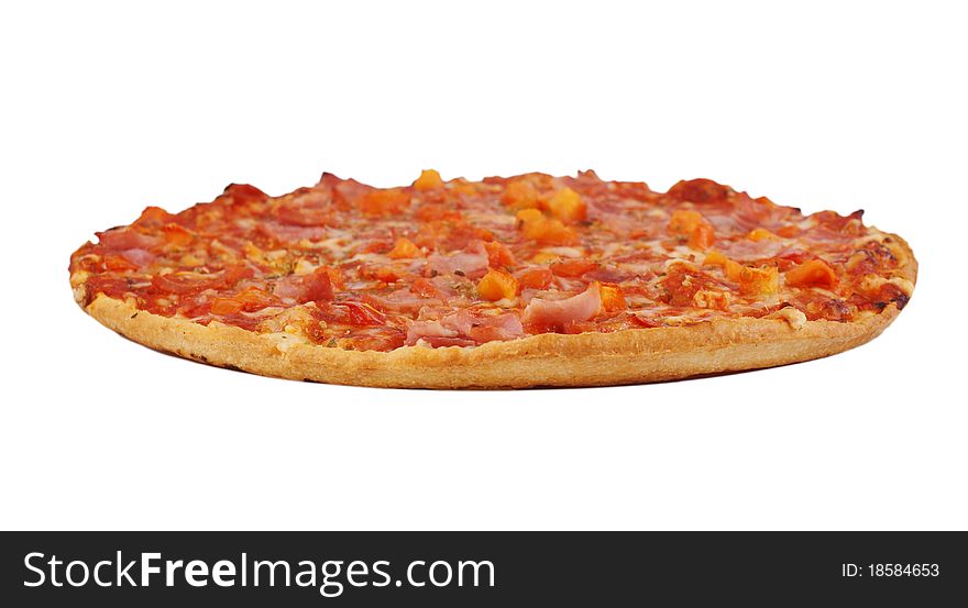 Fresh baked ham pizza on a white background.