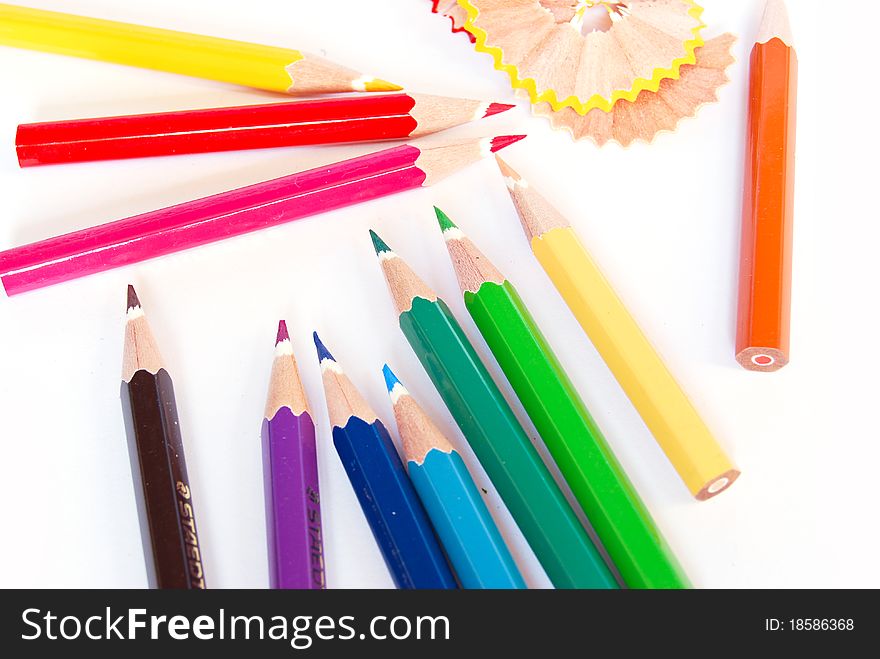 Variety of color pencils isolated on white background. Variety of color pencils isolated on white background