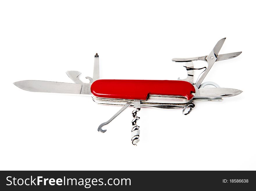 Opened red swiss army knife isolated