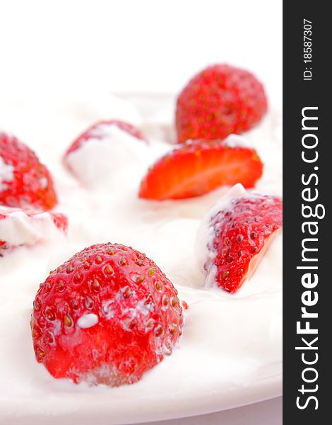 Yummy breakfast ripe strawberry in sour cream. Yummy breakfast ripe strawberry in sour cream