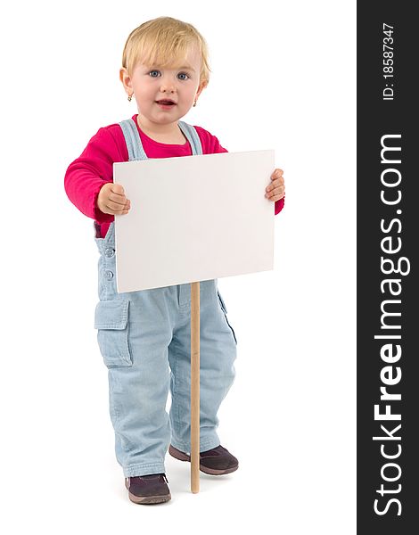 Child with blank table waiting for your sign, on white background.