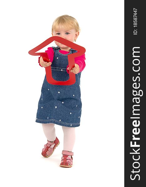 Child with red dart, on white background.