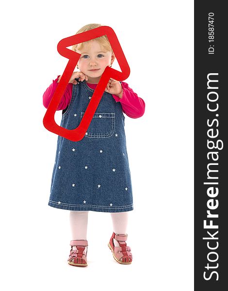 Child with red dart, on white background.