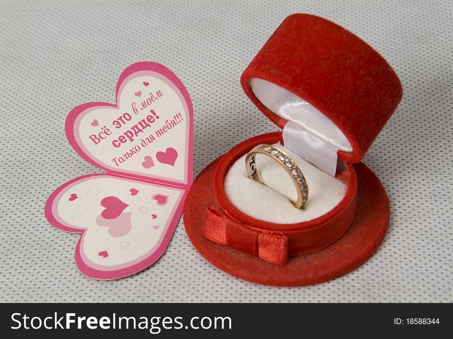 Engagement ring on the red box on white background. Engagement ring on the red box on white background
