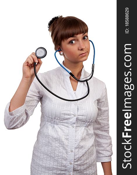 Beautiful young woman doctor with stethoscope isolated on white background