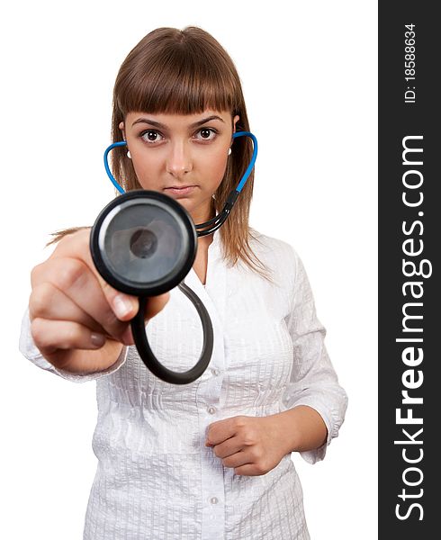 Beautiful young woman doctor with stethoscope isolated on white background