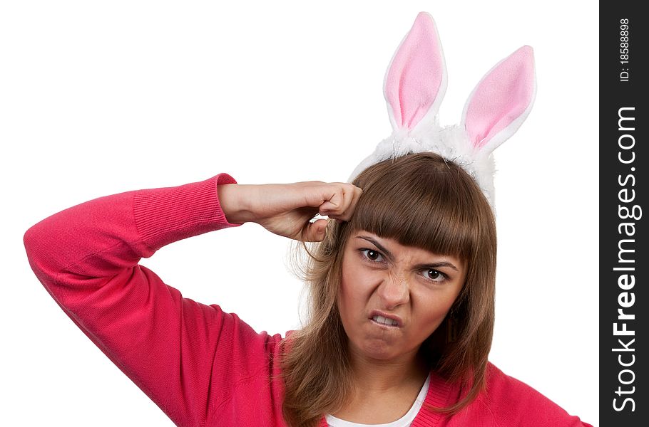 Girl with rabbit ears isolated on white background