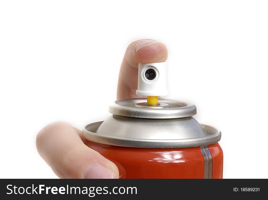 Hand pressing a button of a cleaning product. Hand pressing a button of a cleaning product