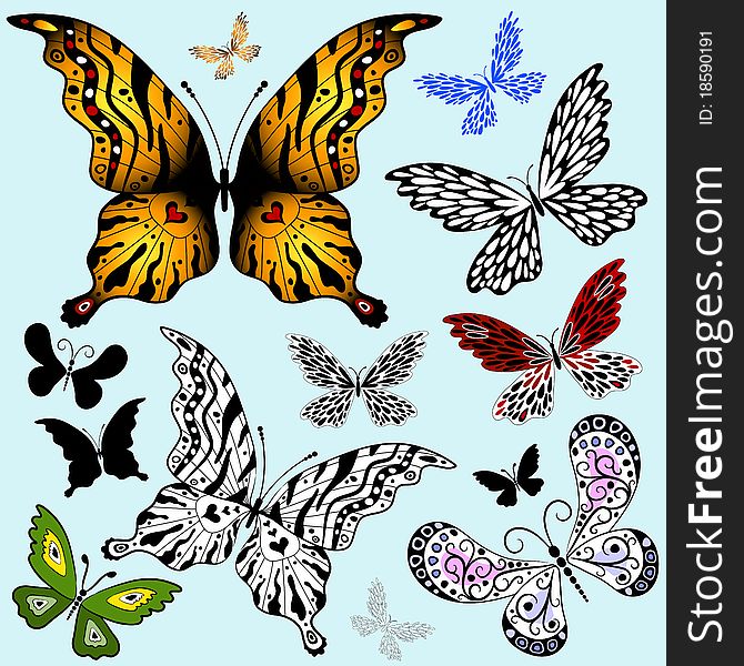 Set abstract butterflies for design on blue