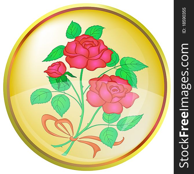 Icon, button, eps10: flowers, red rose on a round yellow background. Icon, button, eps10: flowers, red rose on a round yellow background