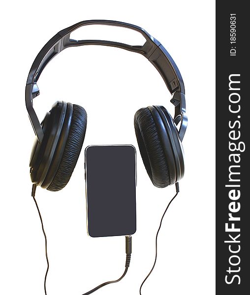 A black headset with a mp player isoalted on a white background. A black headset with a mp player isoalted on a white background