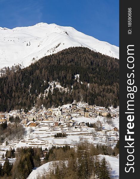 View of the little village of Pezzo (m. 1557). Valcamonica, Italian Alps. View of the little village of Pezzo (m. 1557). Valcamonica, Italian Alps.