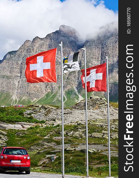 Swiss Flags On San Bernardino Pass