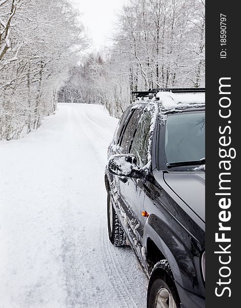 Side of a black car driving on a forest road in winter. Side of a black car driving on a forest road in winter