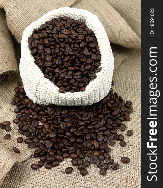 Coffee beans woven bag on hessian bag