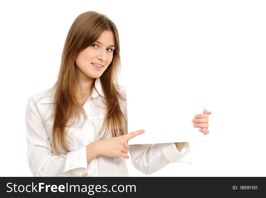 Woman holding empty white board a white background